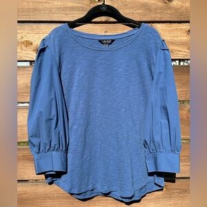 Ralph Lauren Women's 3/4 Puff Sleeve Blue 100% Cotton Blouse